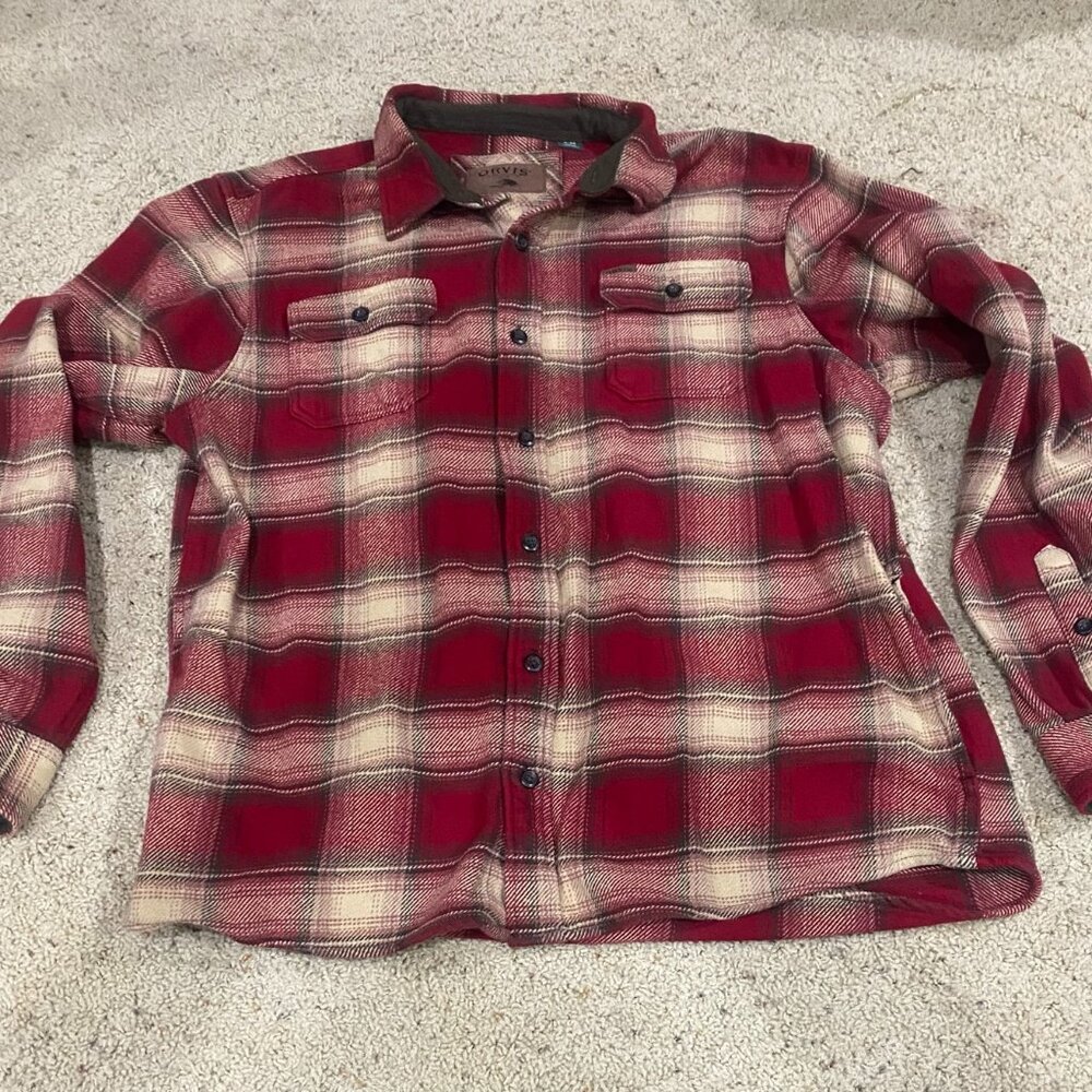 Orvis Heavyweight Flannel Shacket XL Red Plaid Button Down Shirt Jacket